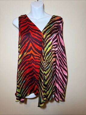 Adiva Vibrant Zebra-Stripe V-Neck Sleeveless Top — Red, Pink, Green, Black